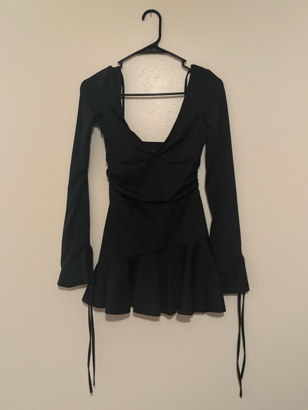 Fashion Nova Black Long-Sleeve V-Neck Ruffle Dress
